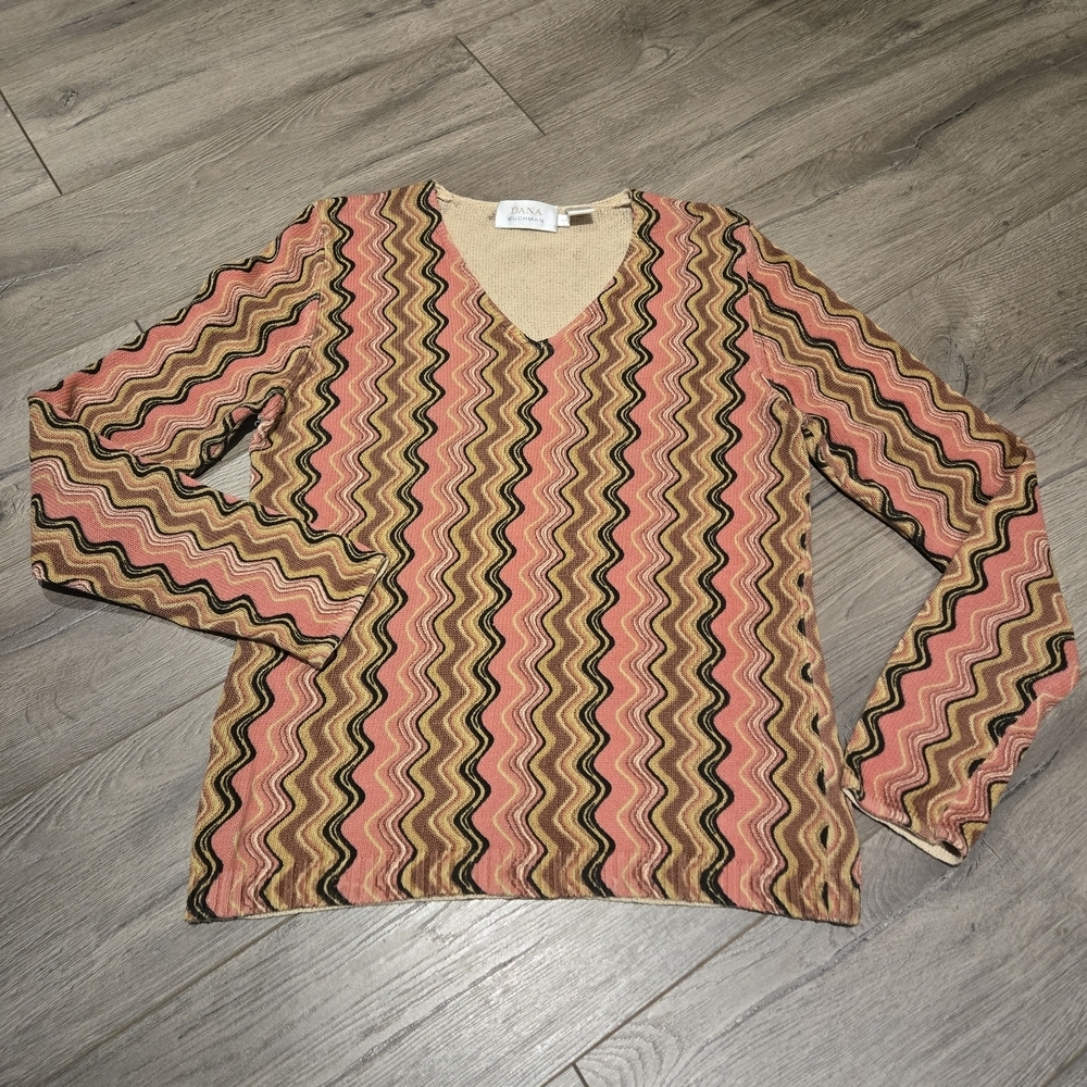 Dana Buchman 100% Cotton Coral Multicolor Zig-Zag Knit Sweater
